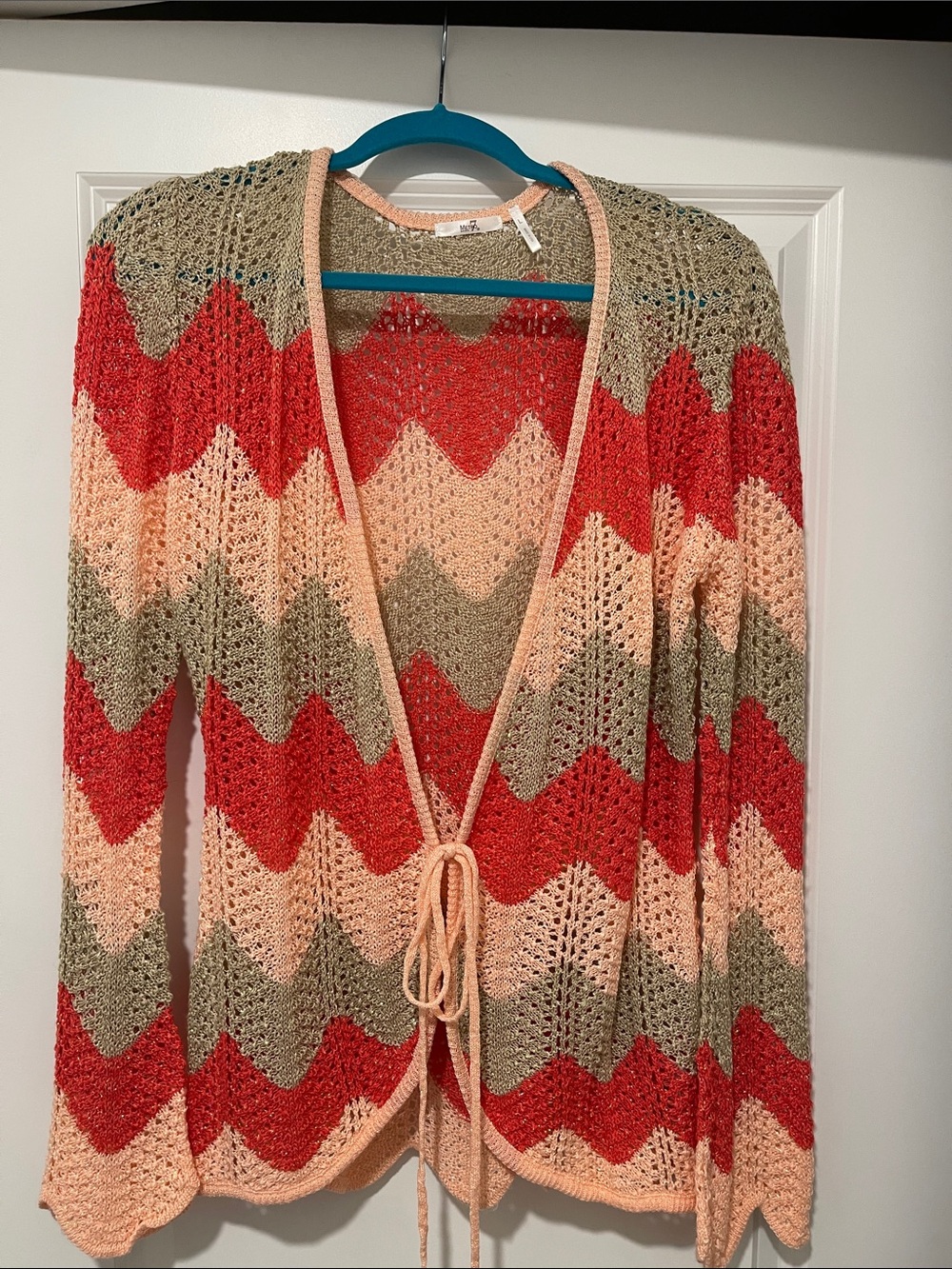 Metro 7 Chevron Open-Front V-Neck Sweater in Coral, Peach & Olive